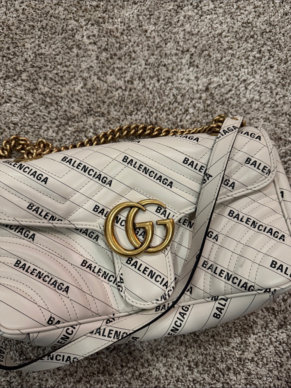 Balenciaga White Quilted Logo Shoulder Bag with Gold Chain Hardware